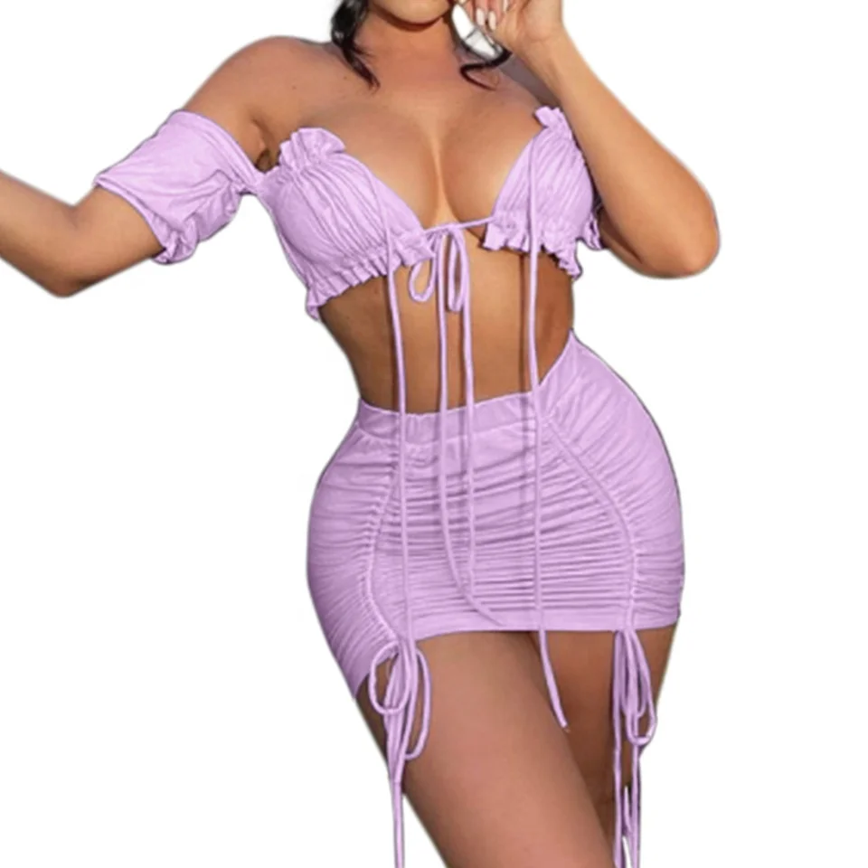 

B54719A 2 Piece Set Women Skirt Fashion V neck Bandage Crop Tops With Skirt Clothing Set, Purple