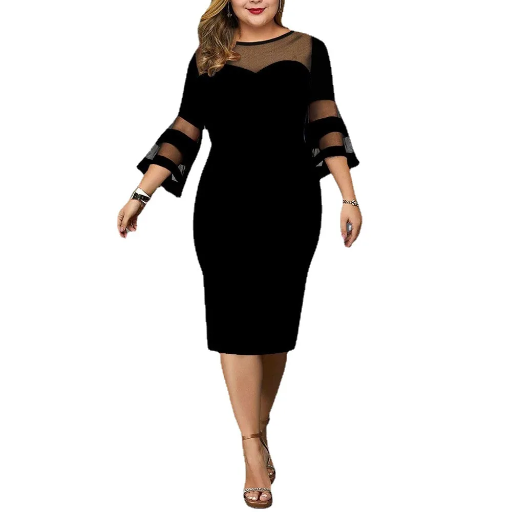 

2021 autumn and winter new style ladies trumpet sleeve printing ladies slim lace long midi dress elegant plus size bag hip dress