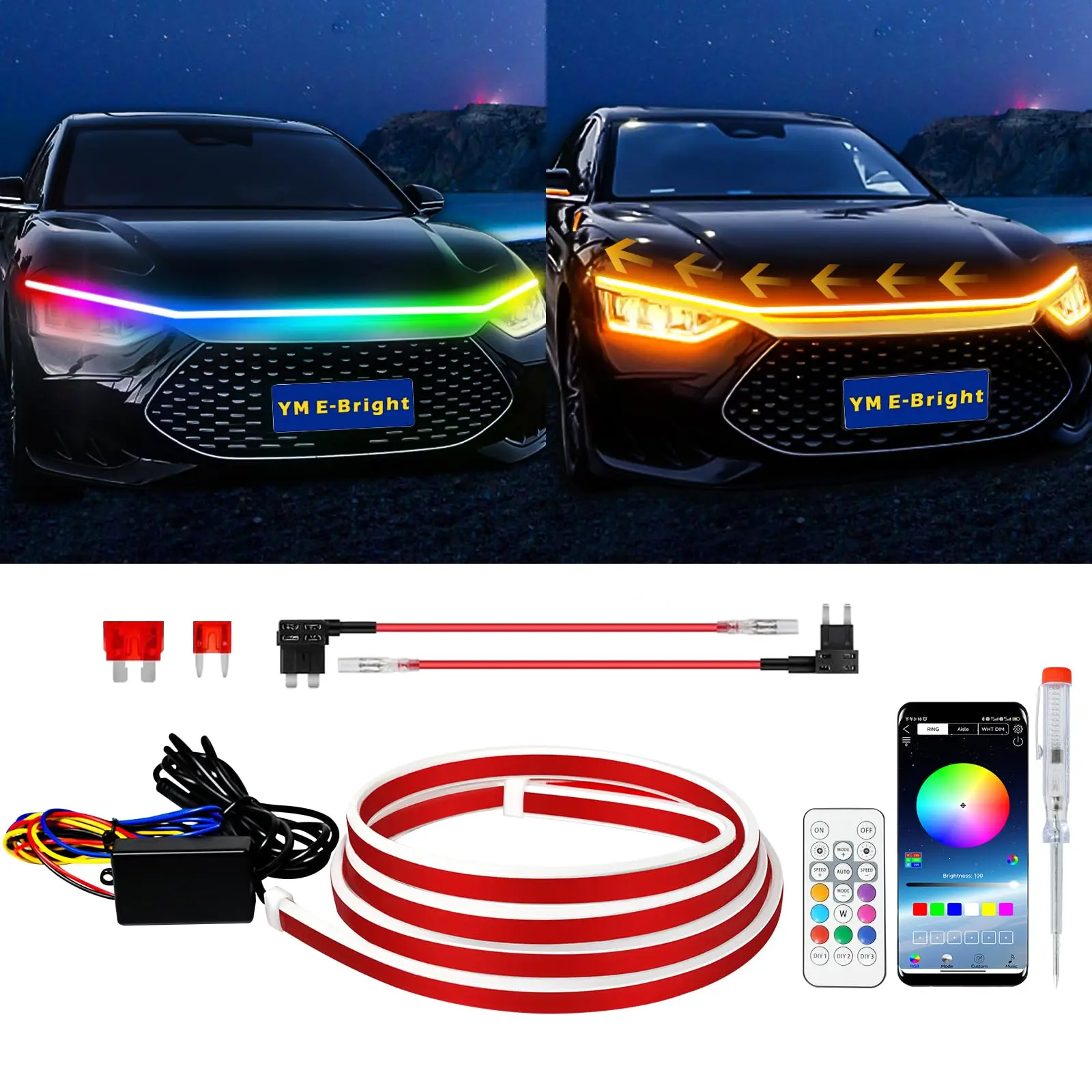 

Waterproof Flexible Dynamic Hood Headlight App Control Rgb Car Ambient Light Strip Led Hood Strip Light For Car