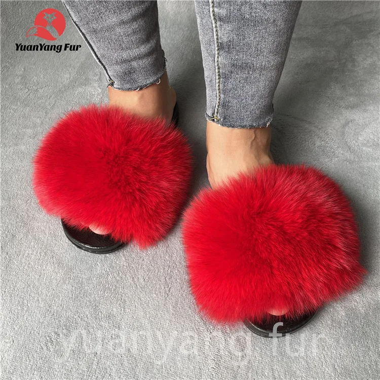 

2020 NEW Fashion real fur slides wholesale Multiple colorswomen raccoon fox fur slippers furry outdoor sandals, Customized color