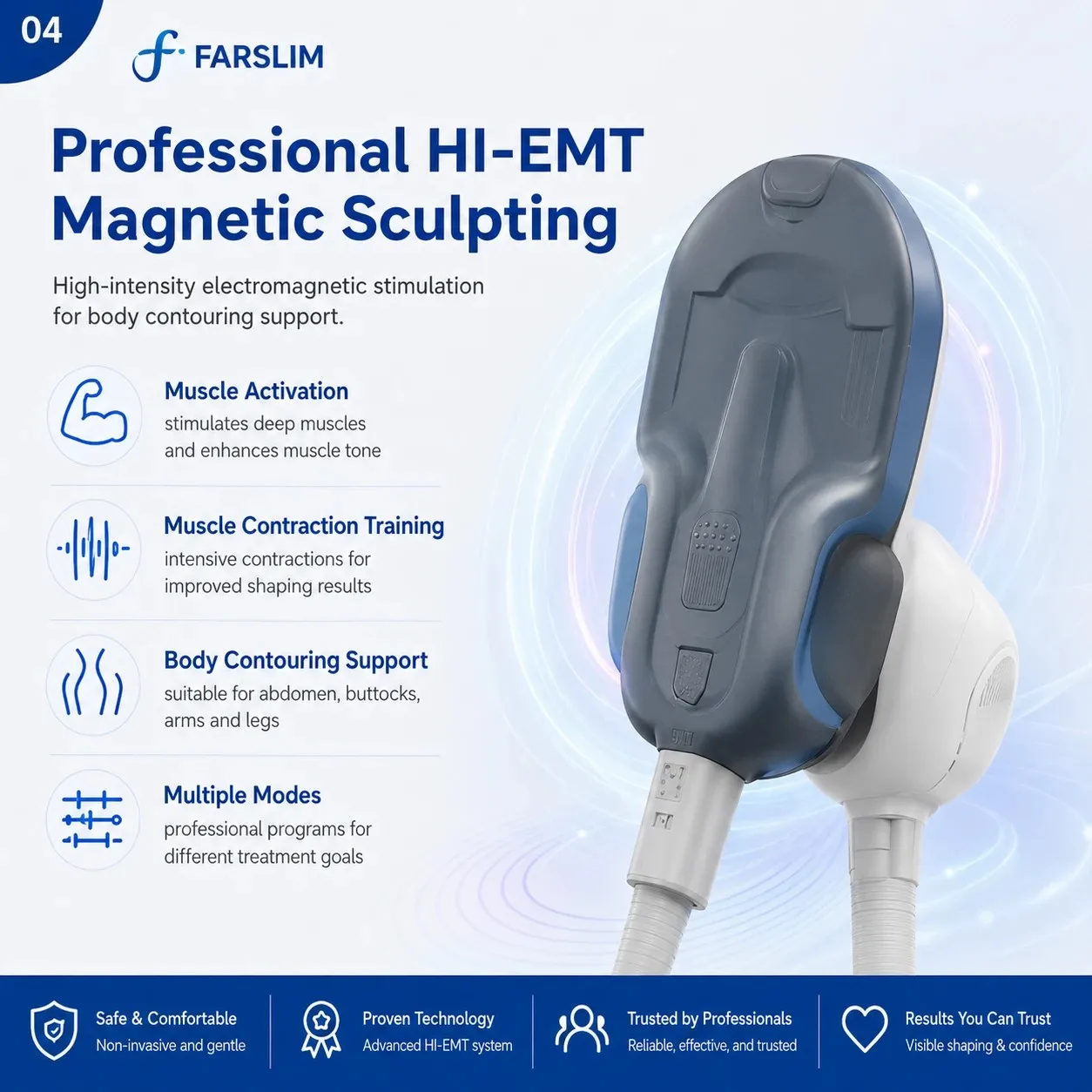 FARSLIM LD11 Pro HI-EMT magnetic sculpting handle for muscle activation and body contouring support.