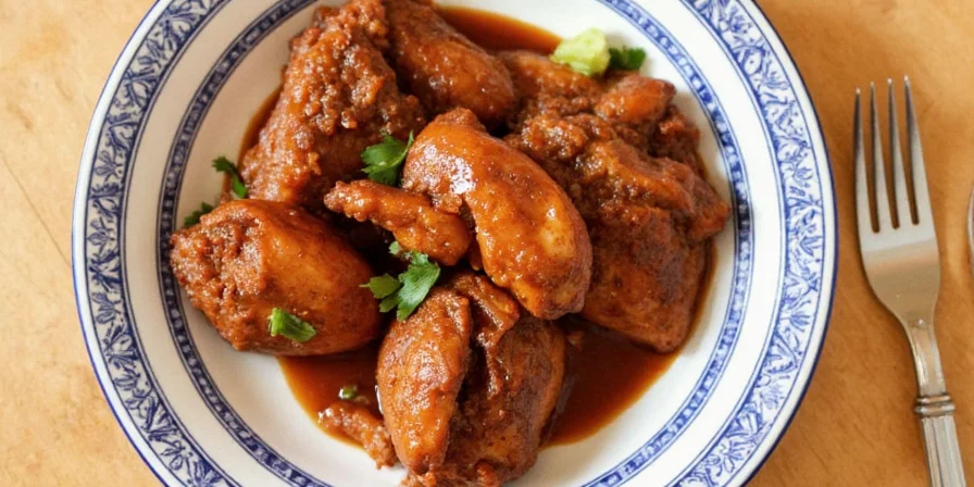 Mole chicken served with rice, tortillas, and fresh garnishes.
