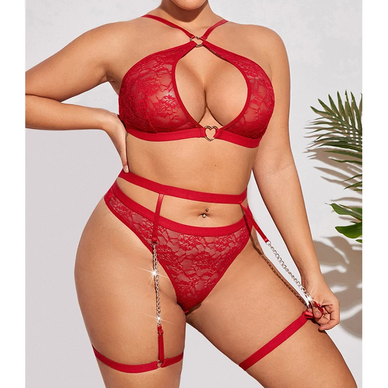 

Mature Women Plus Size Red Lingerie Sexy Set Plump Ladies Transparent Hollow Out Two piece Set With Garters