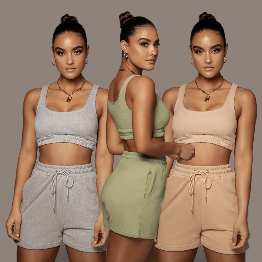 

Women Shorts 2021 Two Piece Cotton Sweat Jogger Pants Shorts Women's Biker Shorts Set, 7 colors