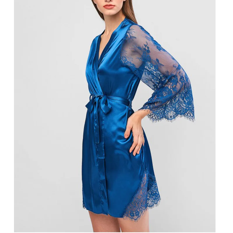 Lynmiss Wholesale New Design Women Long White Silky Designer Lace Trim Robe Femme Women Flower Lace Satin Belted Robe