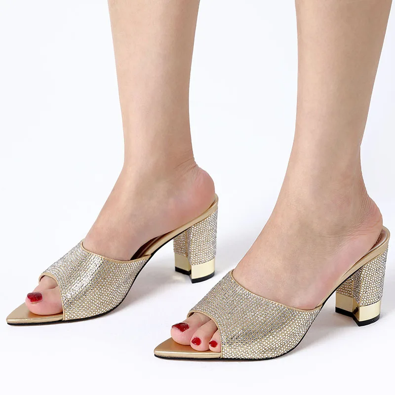 

2020 Fashion Golden Diamond High Heel Slippers