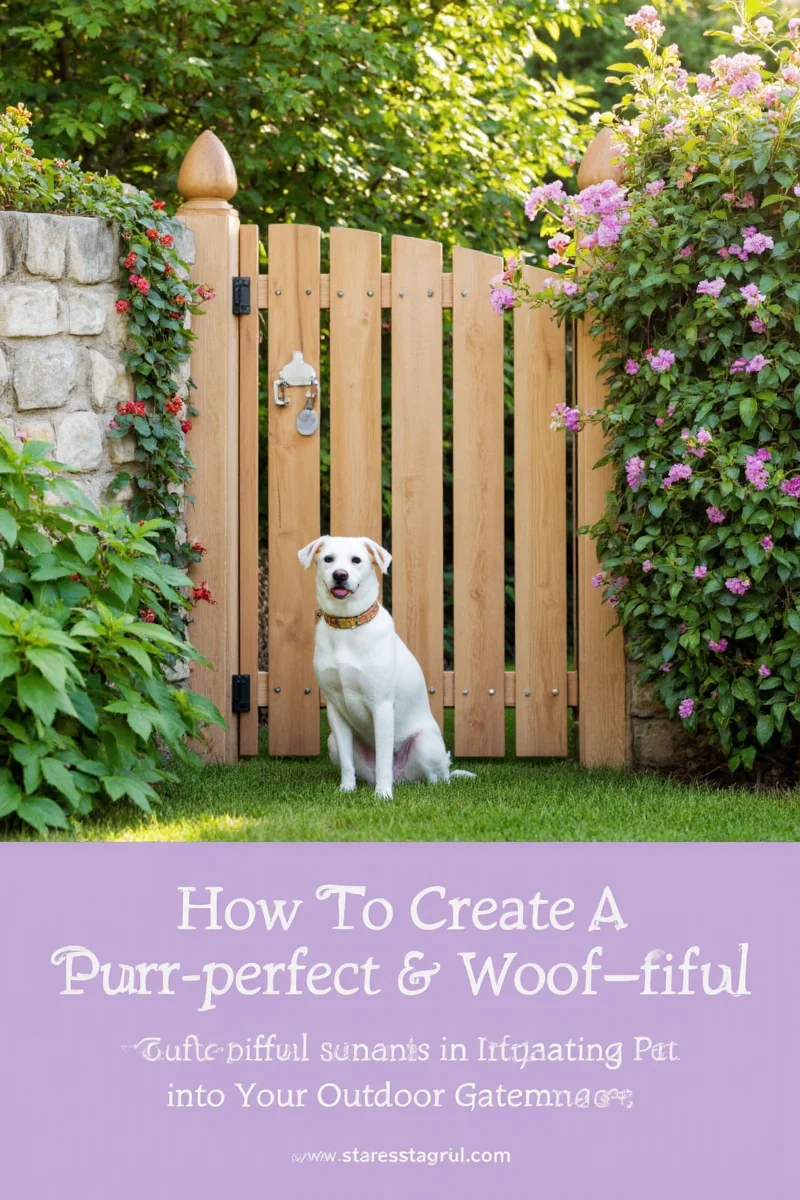 Modern garden with gate and pet-friendly layout including pathways, shaded area, and small fence