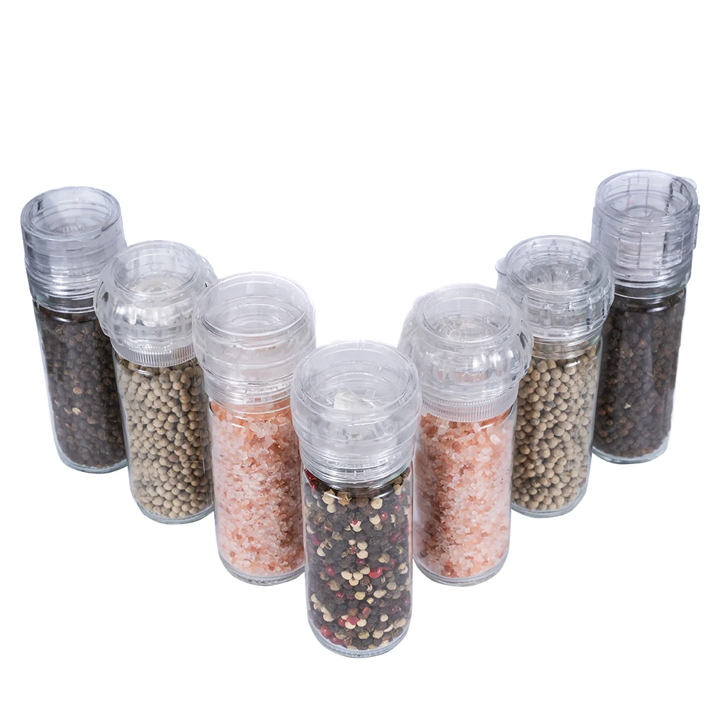 

Wholesale Kitchen Mill Glass Spice Bottles Jar Salt and Pepper Grinder Shaker with Plastic Grinder Cap, Customized