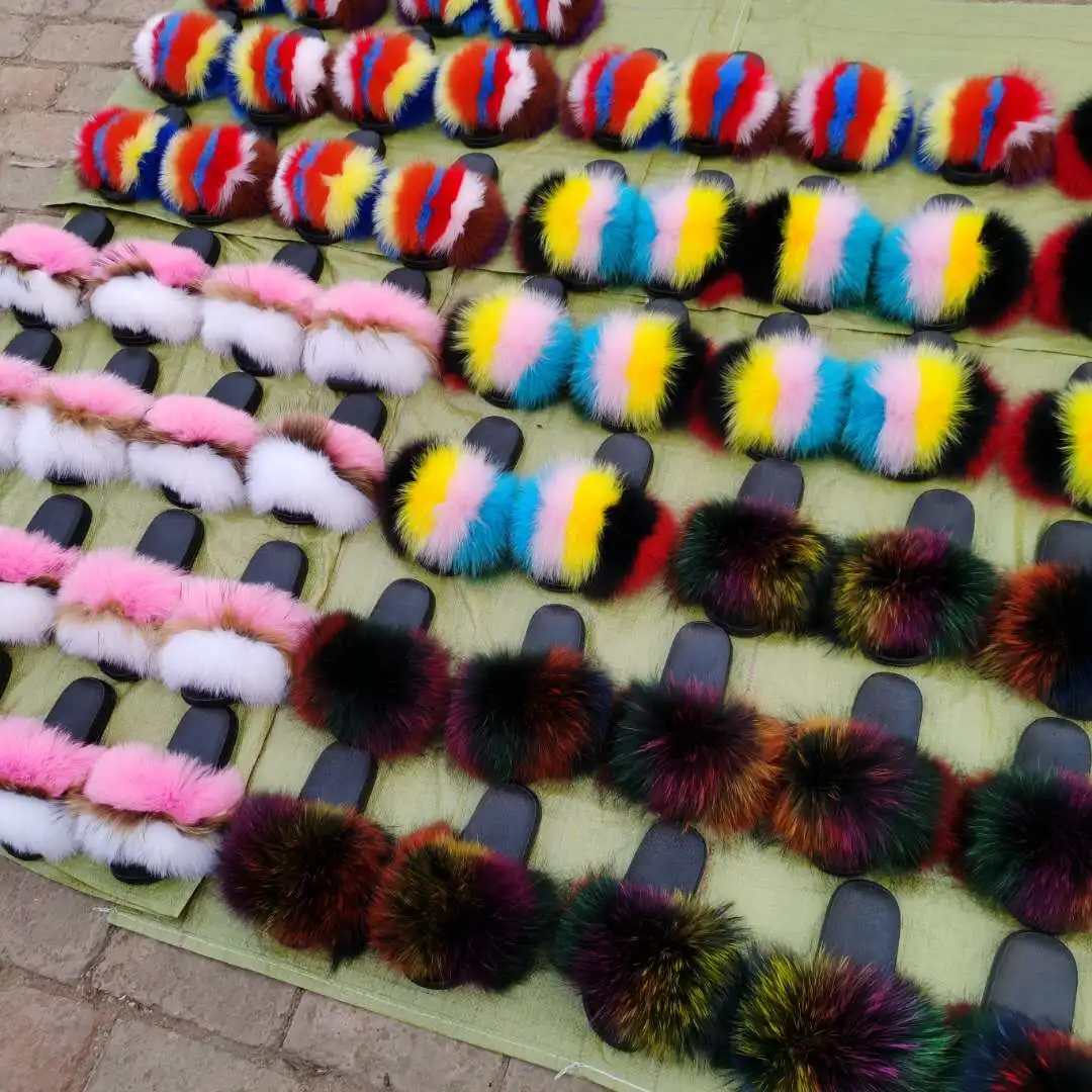 

2021 wholesale Furry Slippers Ladies Cute Plush Real hair Fox Hair Sandal Shoes Fluffy Slippers Women's Fur Slippers for Wo Big
