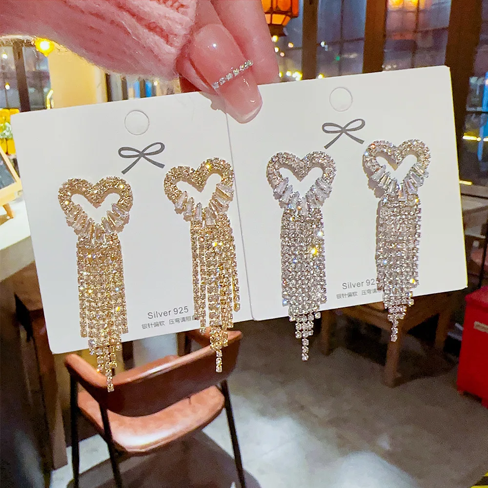 

Luxury 925 Silver Needle Crystal Rhinestone Drop Earrings Statement Long Tassel Heart Star Earrings for Women Party Jewelry
