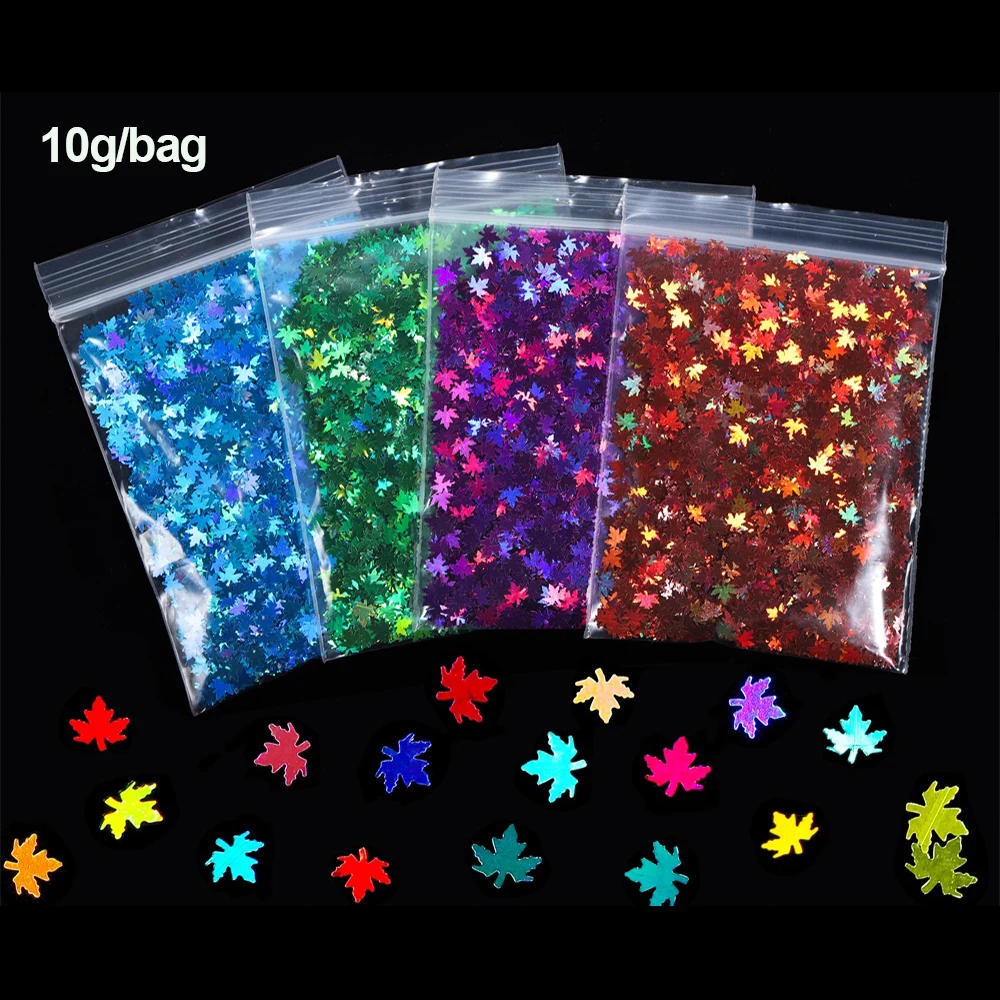 

10g Holographic Maple Leaf Glitter Flakes Nail Sequins Paillette Iridescent Multicolor Sheet For DIY Epoxy Resin Art Crafts, As shown