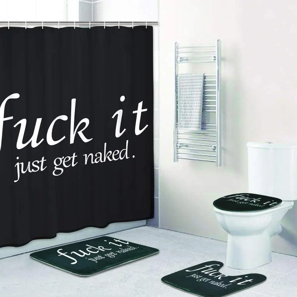

Funny Shower Curtain Set with Non-Slip Rugs Toilet Lid Cover&Bath Mat Black and White Shower Curtains bathroom rug 4pcs sets, Customized