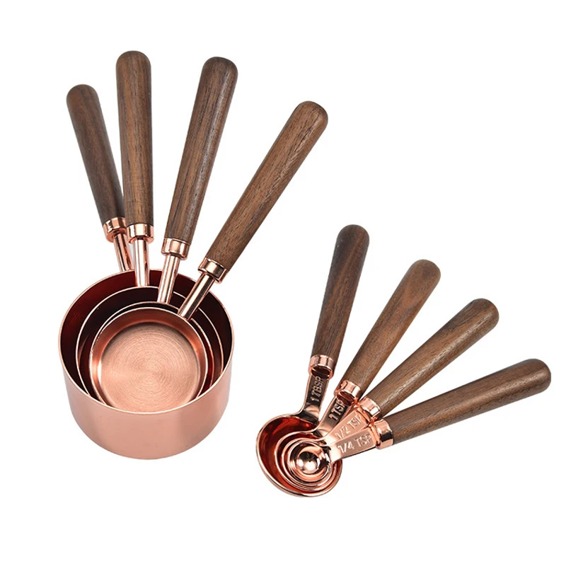 

Set of 8 Copper Stainless Steel Walnut Handle Wooden Measuring Cups And Spoons for Dry and Liquid Ingredients, Rose gold