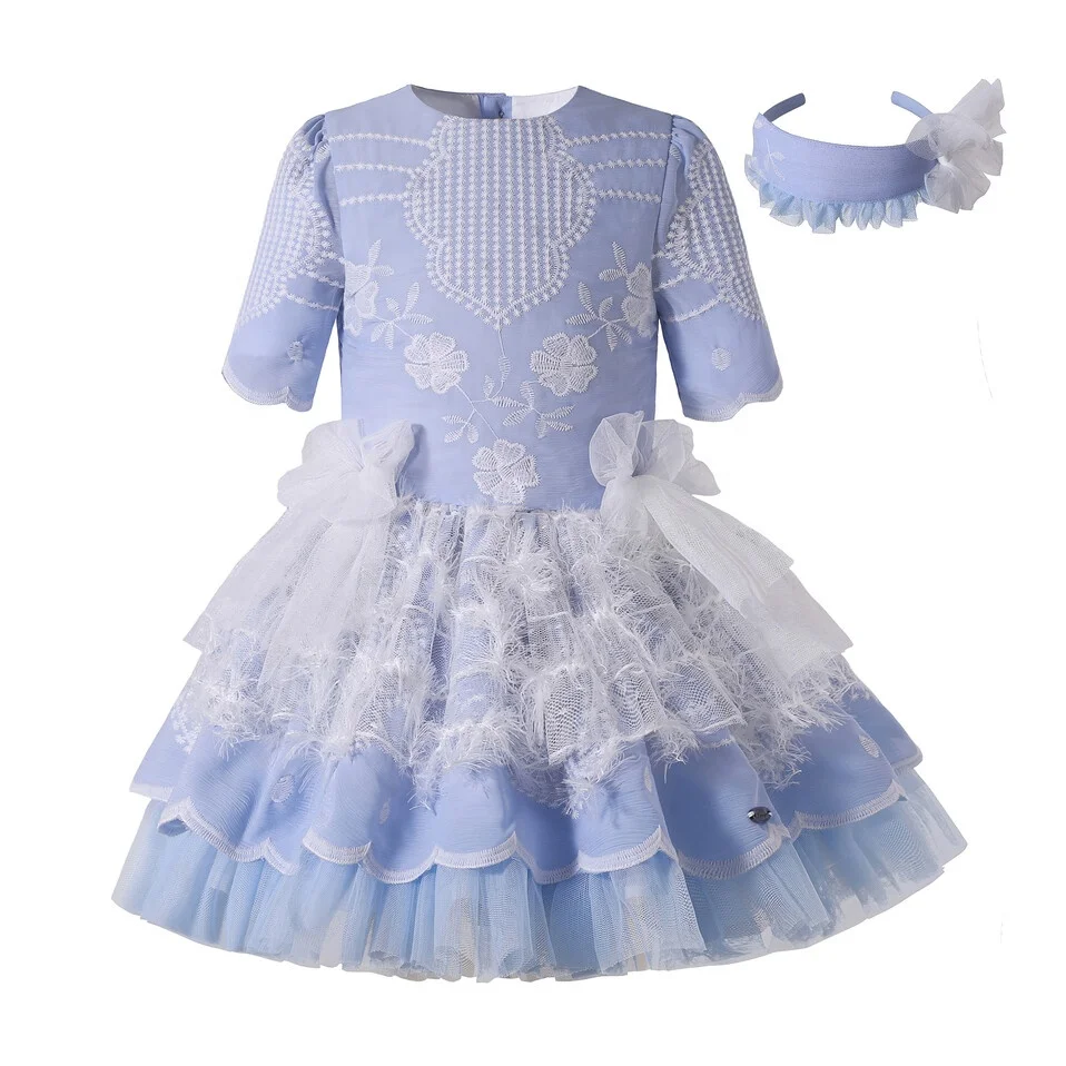 

Pettigirl Bule Cute Dresses For Girls 3-Layer With Tulle Sash Short Sleeves Holiday Baby Girls Dresses Size 10