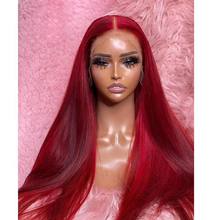 

360 lace wog red wigs human hair straight 99j lace front wig for black women