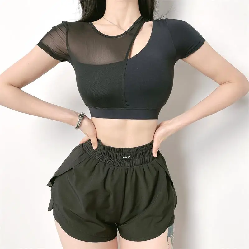 

custom Logo Women blank shirt sports gym running hollow fitness yoga training T-shirt O-neck tight stretch short sleeve crop top, Picture shows