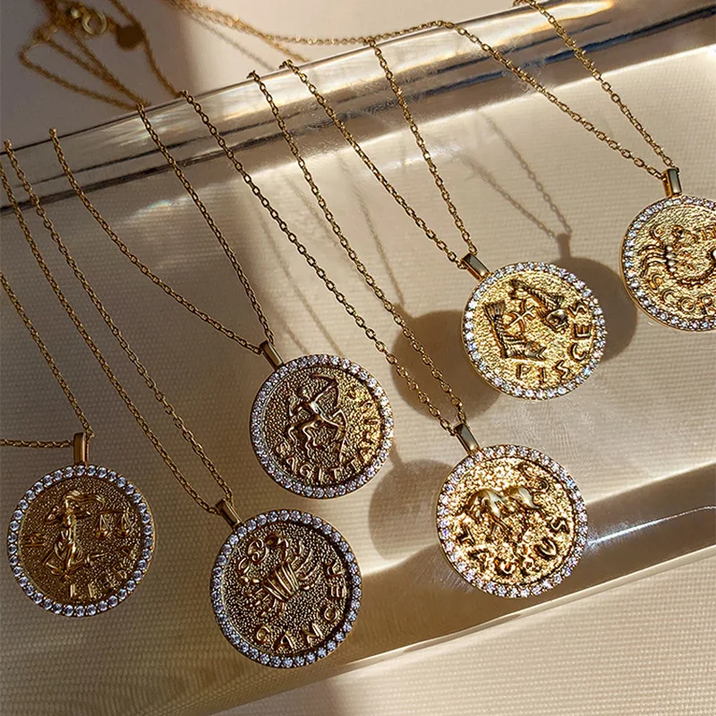 

2021 New Brass Base 14K Gold Plated CZ Women 12 Zodiac Sign Necklace Jewelry