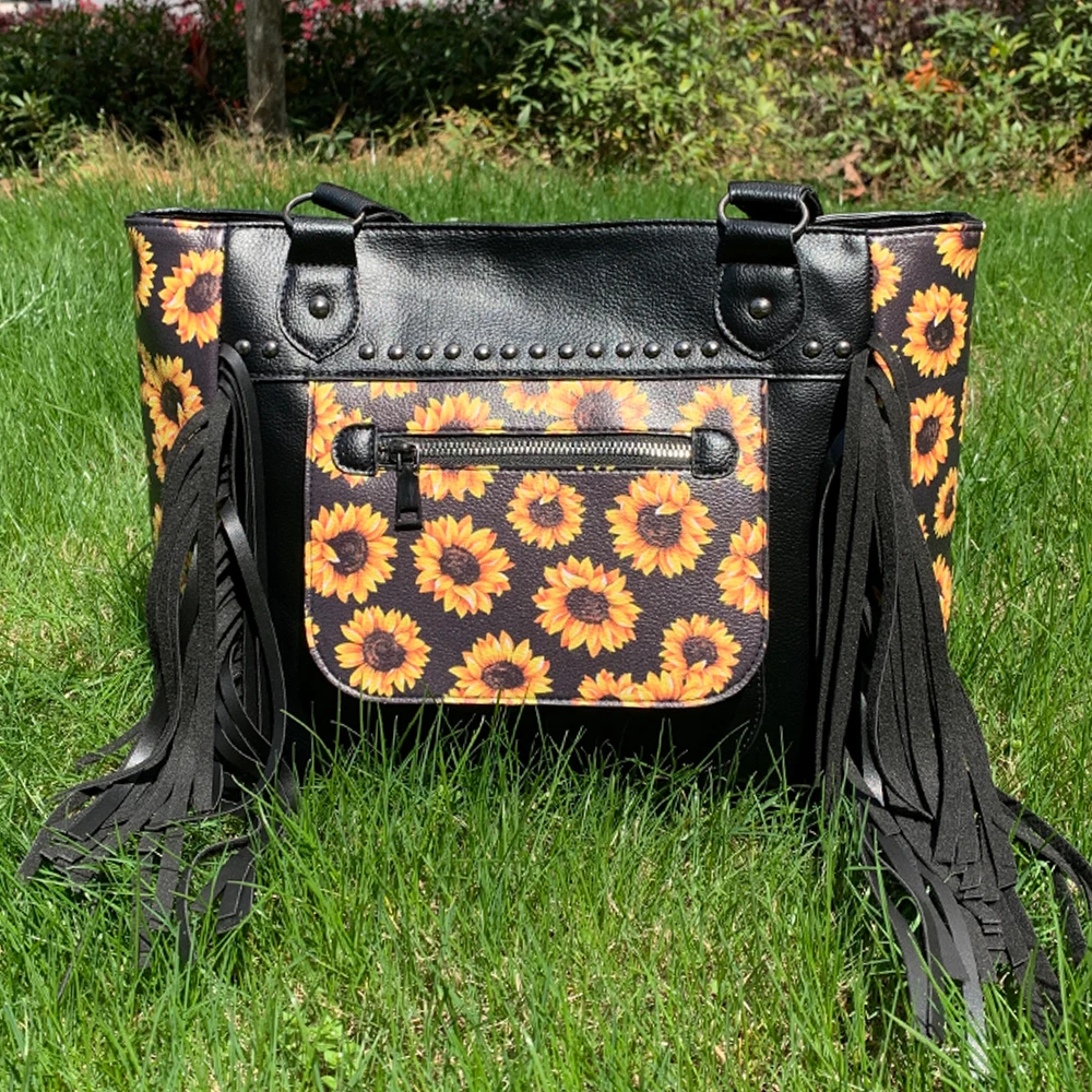 

Wholesale Black Sunflower Vegan Leather Collection Women Concealed Handgun Tote Bag with Tassel Lady Carry Fringe Purse for Girl, Sunflower,leopard,cowhide etc.or as request.