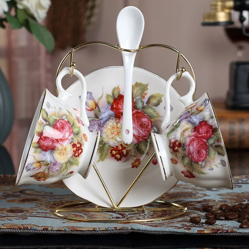 

QIAN HU Delicate Bone China Decal Cup Plate Italian Coffee Tea Sets 2 PCS Royal Cappuccino Cups Saucers With Spoons, Multi color