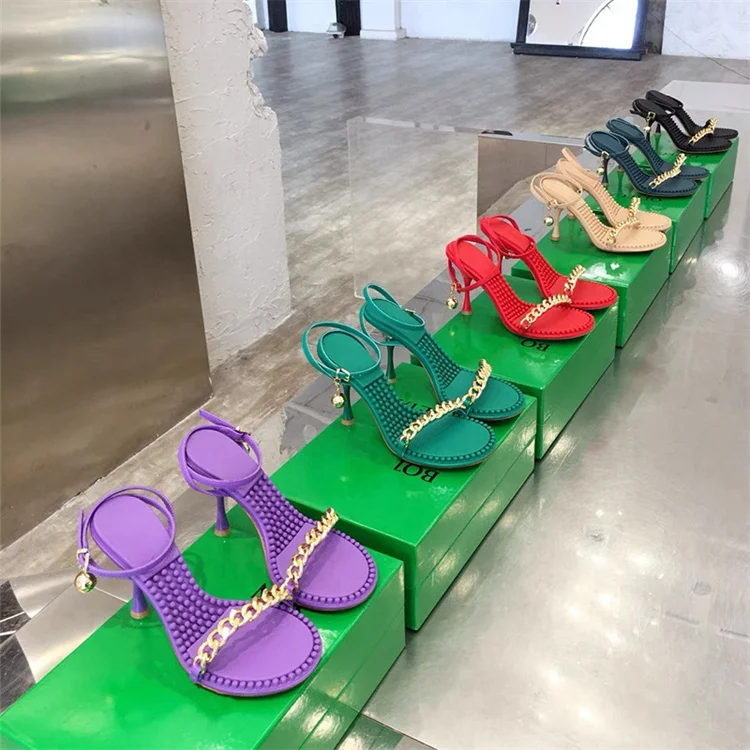 

European And American New Chain Small Golden Ball Stilettos Heels Shoes Women Massage Designer Sandals