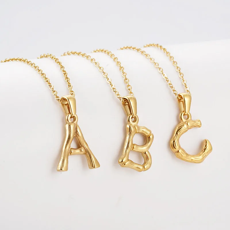 

Custom 18K Stainless Steel 26 Initial Letter Alphabet Charm Jewelry Popular Hip Hop Gold Bamboo Letter Pendant Necklace