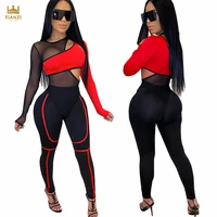 

CD8269 - women stylish bodycon pants and mesh patch top 2 piece set clothing