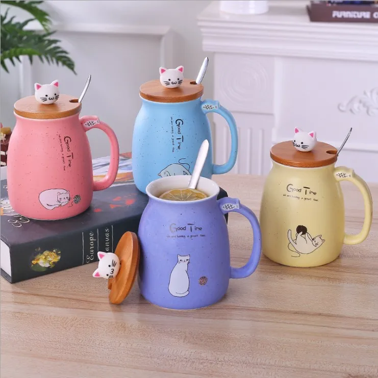 

450ml Cartoon Ceramic Cat Mug Coffee Mugs Lid and Spoon Milk Tea Cups Breakfast Cup Drinkware with Bamboo Novelty Gifts Modern, Yellow, purple,pink,blue