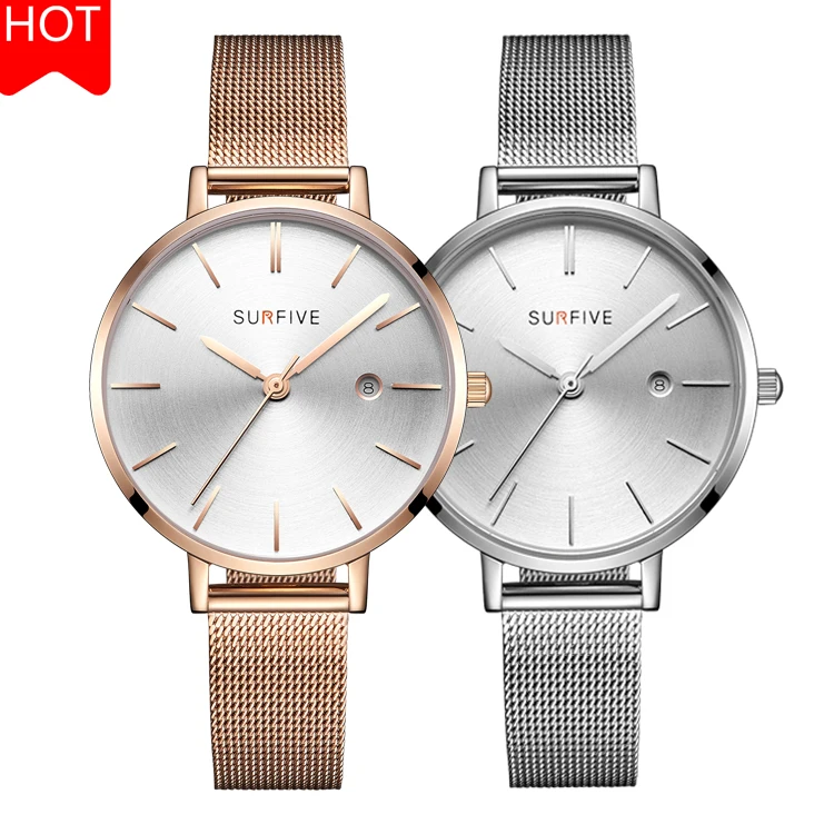 

Wholesale Custom online Popular High Quality Quartz Luxury Women Mesh Stainless Steel Branded Watch in wristwatches, Silver & rose gold