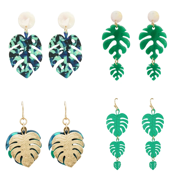 

Women Dainty custom acetate cellulose maple leaf shaped Monstera earrings, Picture