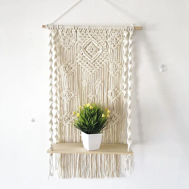 

Macrame Wall Hanging Shelf Boho Decorative Floating Plants Swing Hanging Shelf Wooden Storage Hanger, White black orange or customized