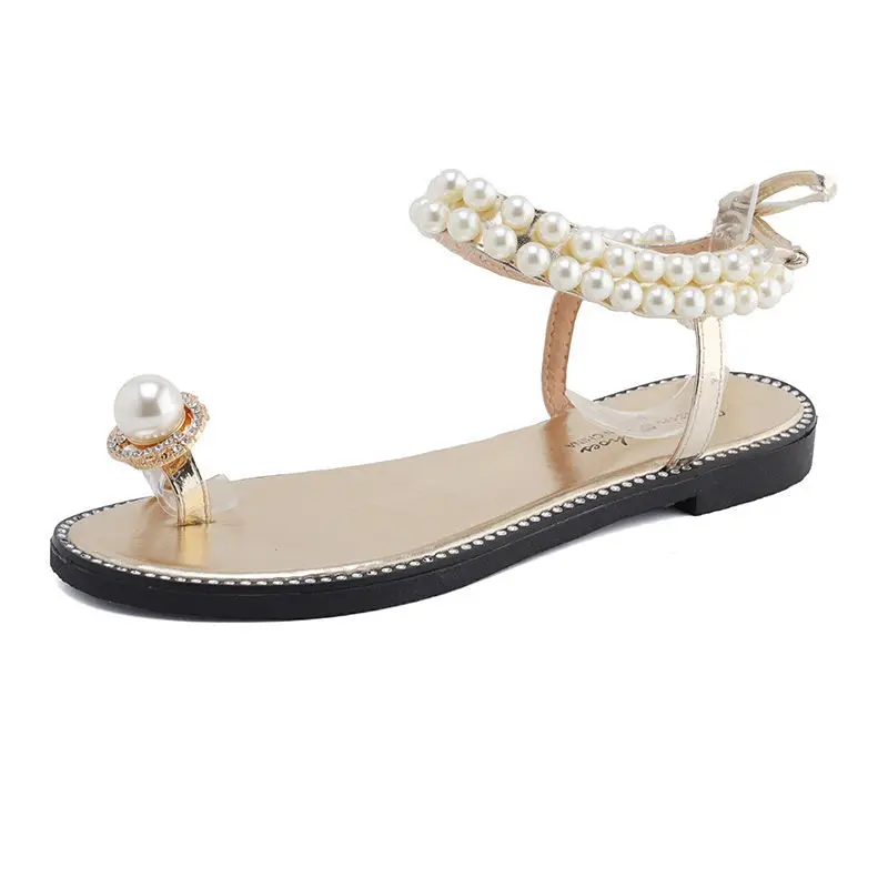

2022 Summer Sandals for Women Pearl Flip Flops Fashion Flat Heel Sandals Ladies Shoes