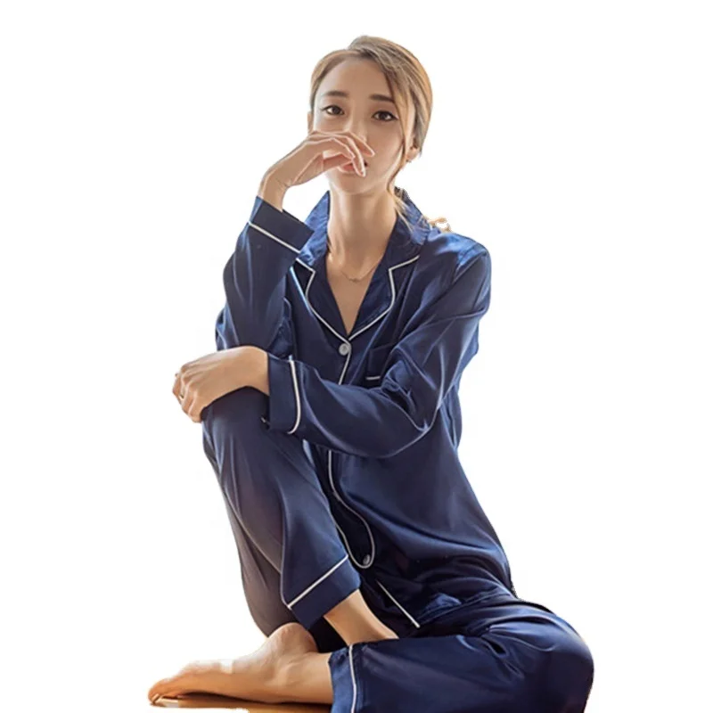 

2 Pieces Plus Size Autumn Women Sleepwear Faux Silk Satin Pajamas Set Long Sleeve Pajamas for women Ladies Pyjamas, As show