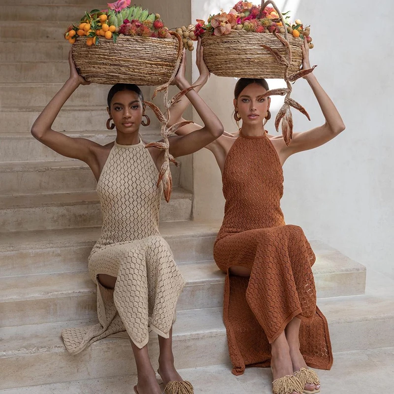 

Summer Maxi Vestidos Halter Hollow Out Backless Knit Split Dress Knitting Casual Dresses