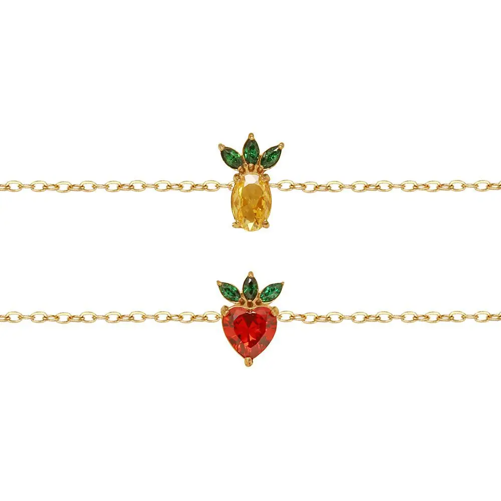 18K PVD Gold Plated Waterproof Stainless Steel Fruit Ananas Strawberry Colorful Zirconia Bracelet for Women Wholesale Jewelry