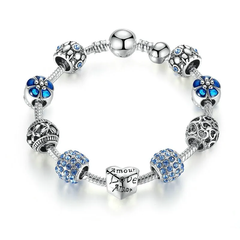 

Dropshipping HOT Silver Fashion Bead Bracelet Green Leaf Floral Crystal Charms Bracelet & Bangle Pulsera Jewelry