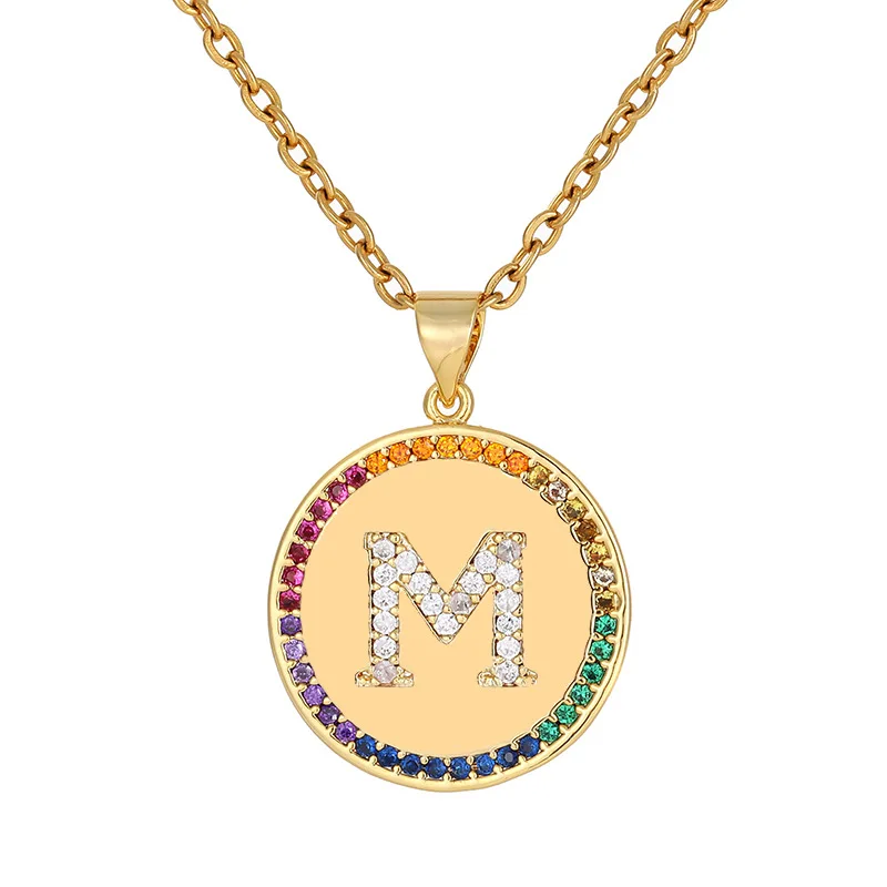 

Alphabet Jewellery Coin Letters Pendent Stone Charm For Initial Necklace Rainbow 18K Steel Jewelry, Gold