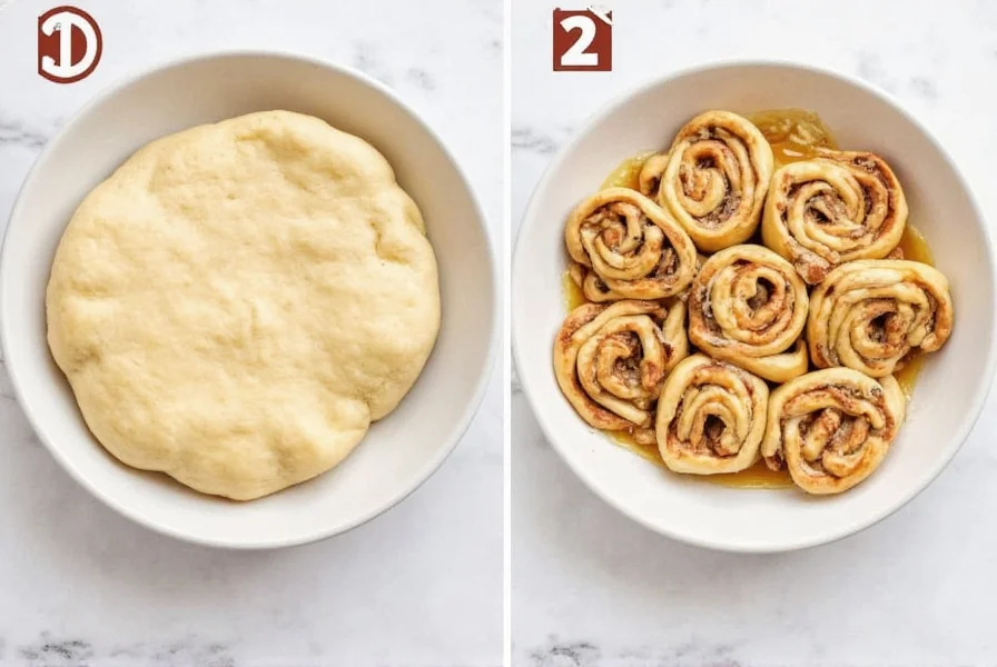 Step-by-step no yeast cinnamon roll preparation showing dough rolling and filling process