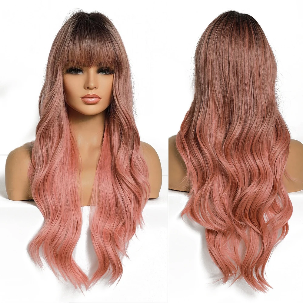 

Long Wavy Wigs with Bangs Cosplay Natural Ombre Black Brown Pink Synthetic Hair for Women High Temperature Fiber Wig