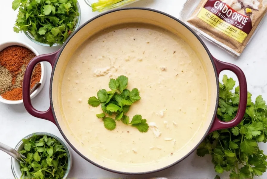 White chicken chili in a pot with fresh cilantro garnish and seasoning packet ingredients arranged around it