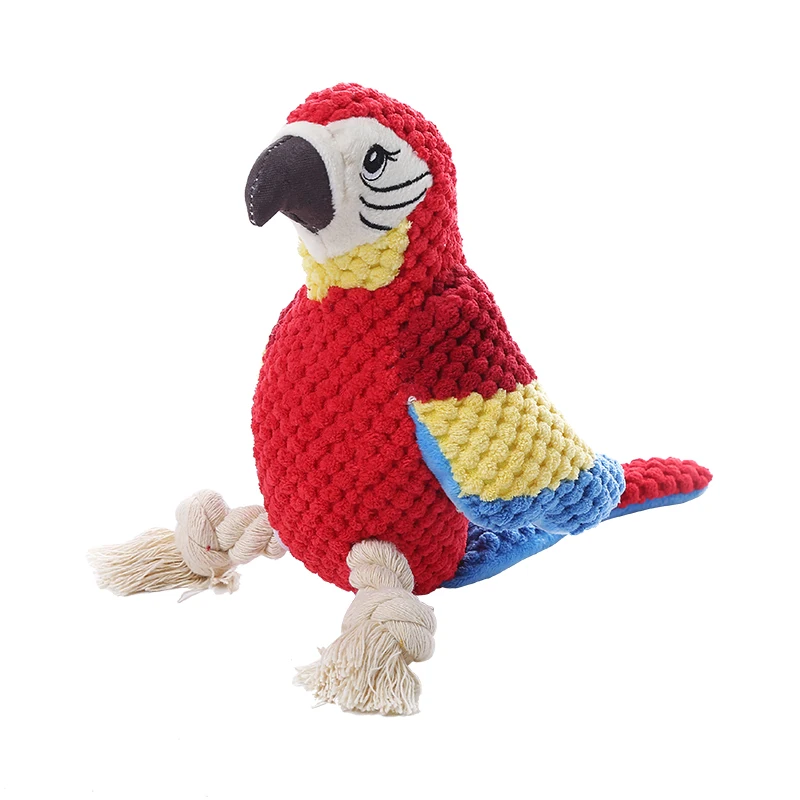 

popular red Corduroy parrot with cotton rope plush squeaky dog toy