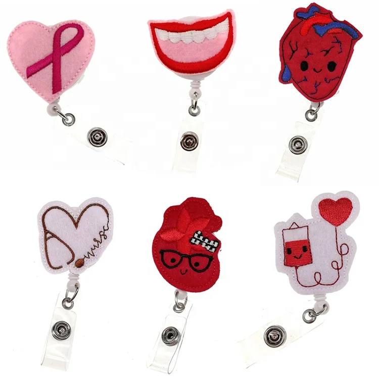 

Medical Series Felty Retractable Cute Cartoon Badge Holder Nurse Ribbon Red Heart Stethoscope For Doctor ID Card Badge Reel