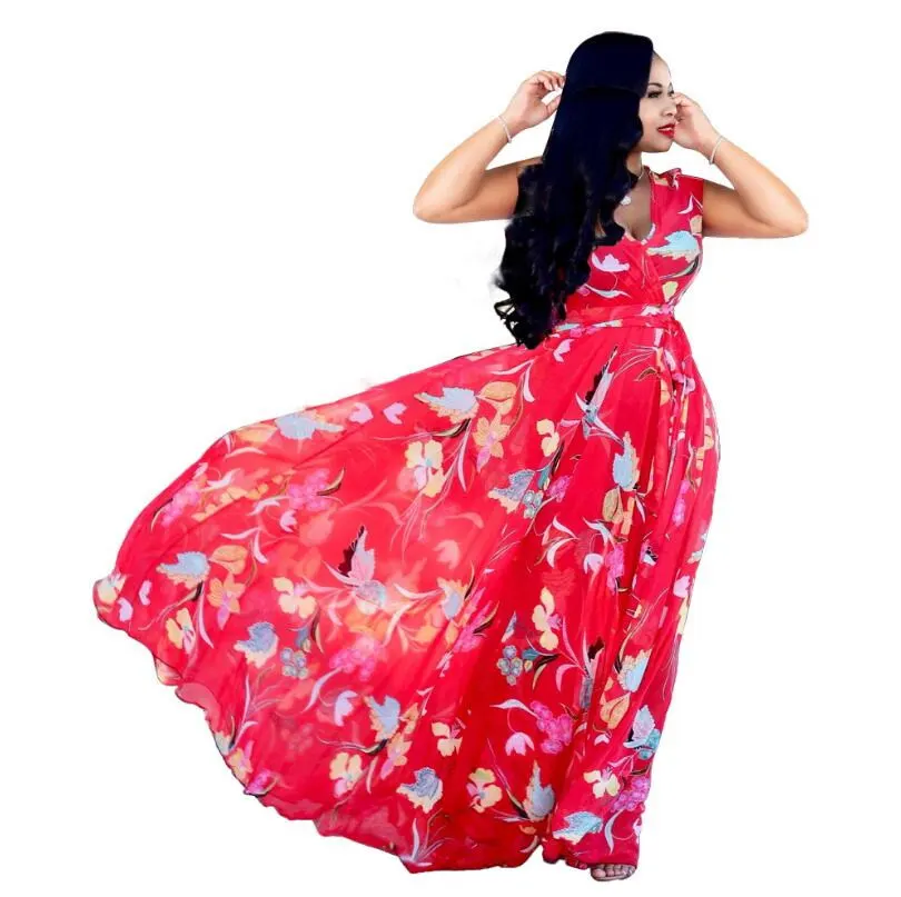 

2020 Hot selling Fashion Women Deep V neck Sleeveless Print Chiffon Dress Plus Size Girl Elegant Maxi Apparel, As picture