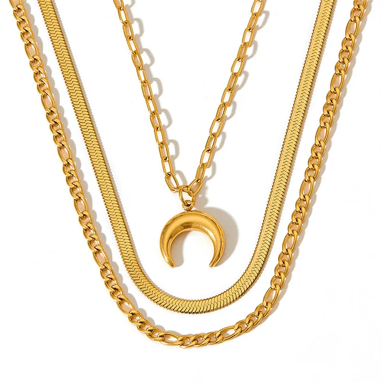 

Wholesale 3 Layers Necklace Paperclip Chain Moon Gold Plated Snake Chain Stainless Steel Link Chain Necklace