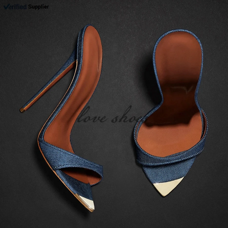 

Custom logo high quality Women Latest denim upper high heel sandal lady shoes slipper high heels women's sandals, Blue,green