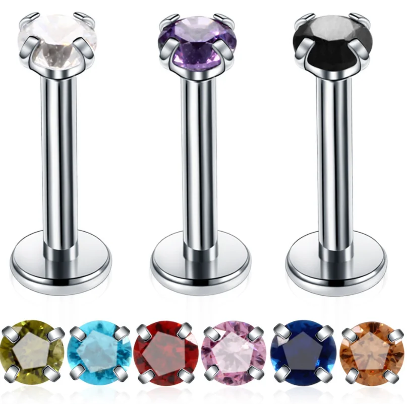 

316L stainless steel colorful zircon round nose nail four claw lip nail body piercing ring