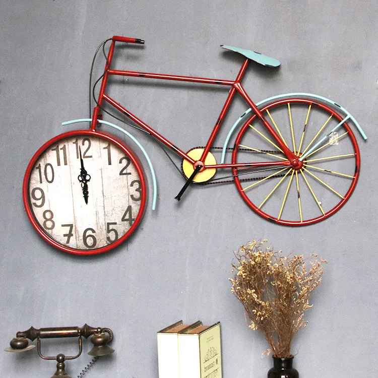 

Oversized Creative Iron Old Retro Silent Bicycle Clock Home Cafe Bar Decor Wall Decor, Red,white,blue,yellow,colorful