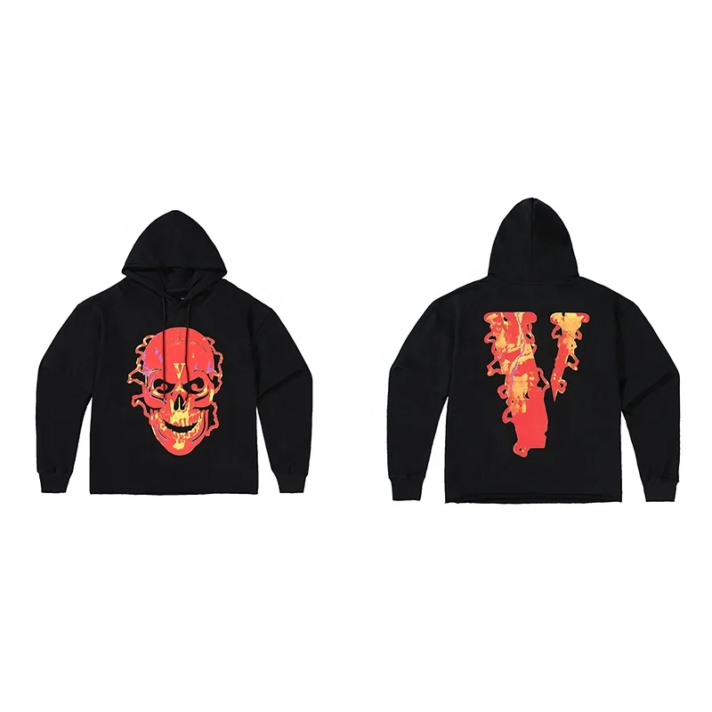 

European and American high street trend VLONES flame skull men and women couples oversize cotton hoodie sweater jacket