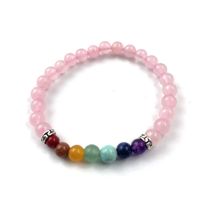 

Gemstone 6mm Rose Quartz bracelet with chakra stones packaged in cellophane bag hot item