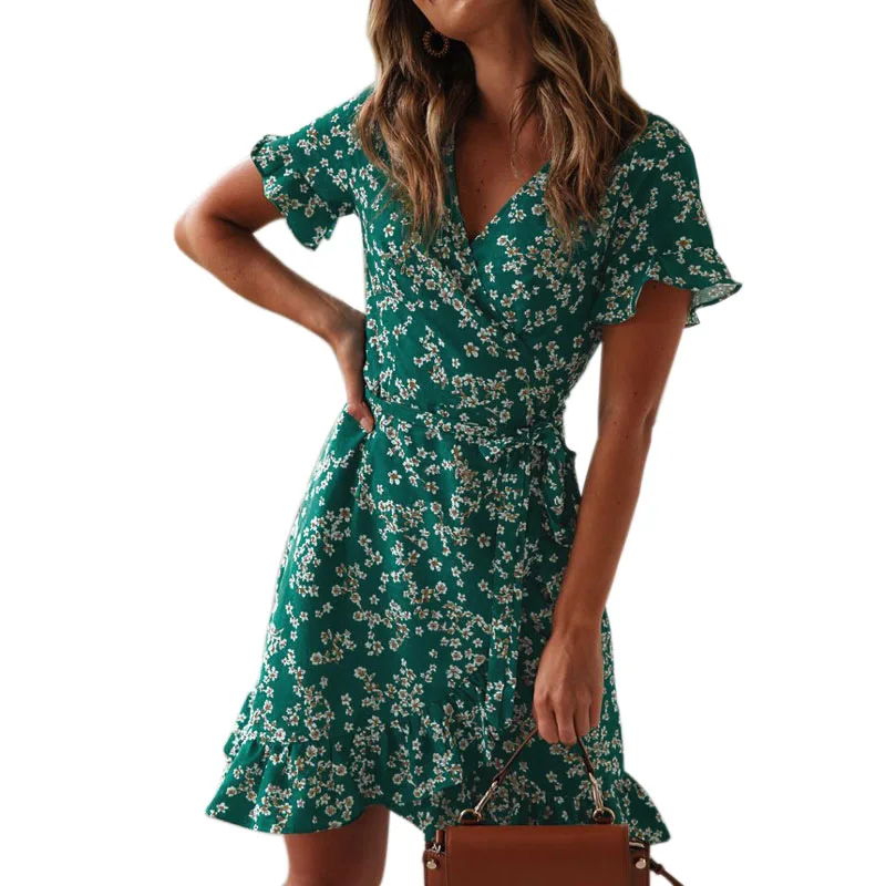 

2020 New Arrival casual summer v-neck short sleeve print high waist women ladies mini dresses
