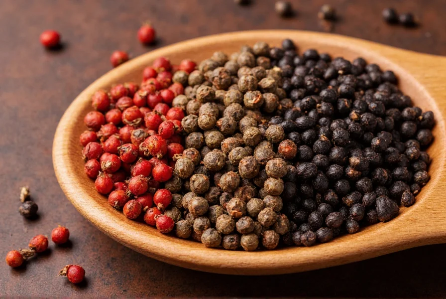 Close-up comparison of Sichuan peppercorns, sansho pepper, and black Tellicherry peppercorns on wooden spoon